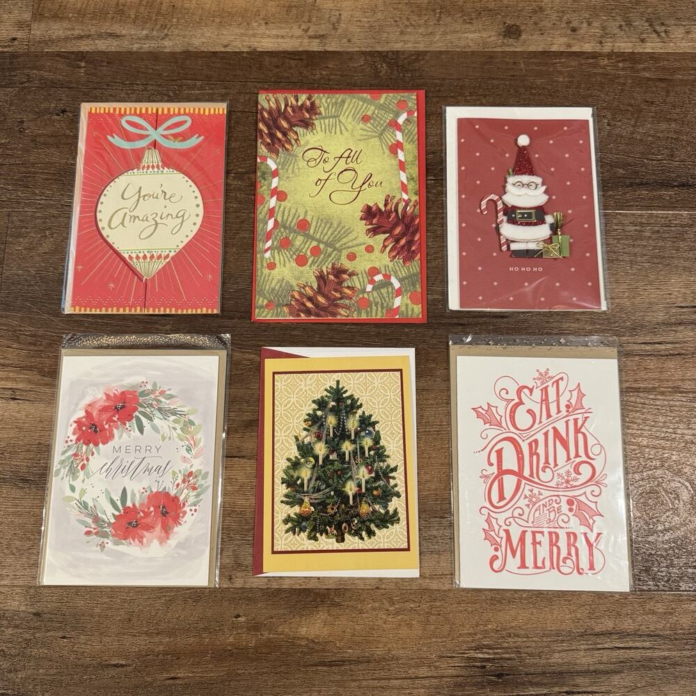 Lot of Six Christmas Cards Minted Hallmark Carlton Santa Ornament Retail $32